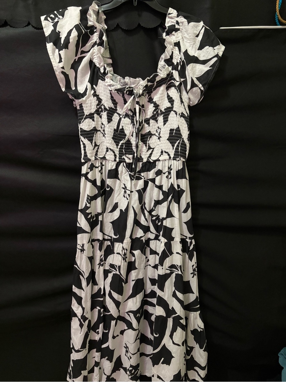 Smocked Ruffle-Neck Maxi Dress in Black & White Floral